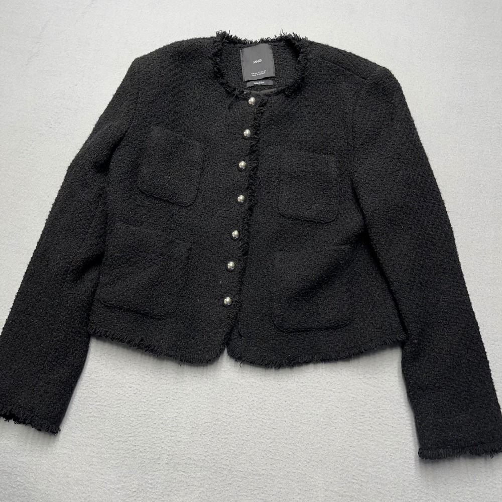 MNG Black Tweed‎ Collarless Cropped Jacket with Frayed Trim and Silver Buttons S